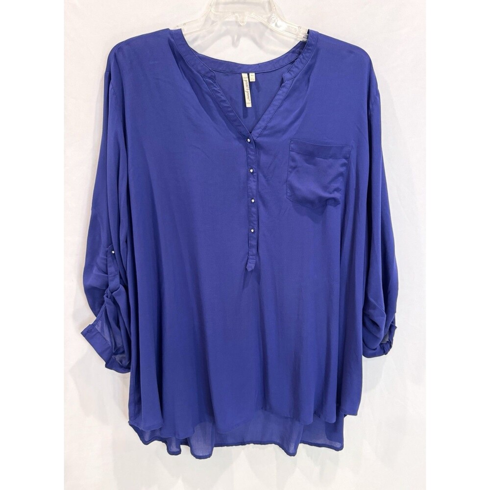 Womens Plus Size 3X Blue Henley Blouse Top Roll Tab Sleeve Relaxed Grand & Green
